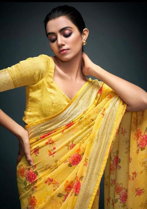 Premium Georgette Yellow Flower Print Saree